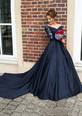 Satin Prom Dresses Ball Gown V-Neck Cathedral Train With Lace